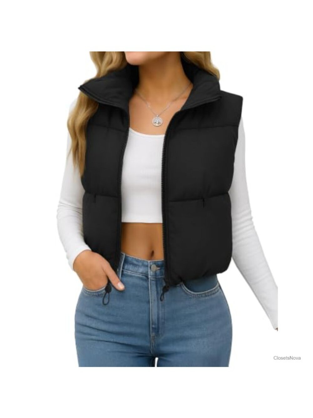 Cropped Puffer Vest Lightweight Padded Sleeveless Jacket Zip Up